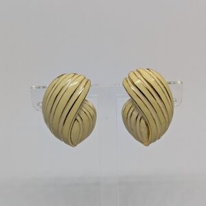 Vintage Cream Swirl Clip Earrings Gold Tone & Enamel Boho Office Evening Wear